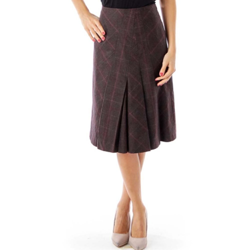 Faconnable Burgundy Wool Check A-Line Skirt - Picture 2 of 3